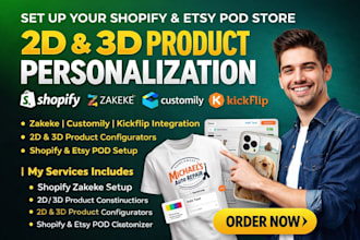 setup shopify zakeke 2d 3d product personalization customily kickflip zepto pod
