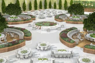 setup 3d luxury wedding event,banquet hall layout,concert venue,stage decor, cgi