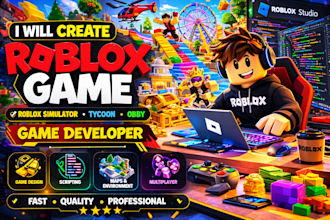 create roblox game, roblox simulator, tycoon, obby game developer