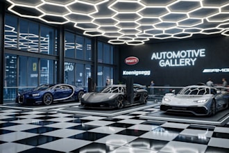 design photorealistic 3d car showroom, ev charging station, rv, and parking lot