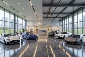 design photorealistic 3d car showroom, ev charging station, rv, and parking lot