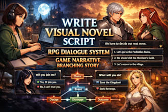 write visual novel script, rpg dialogue system, game narrative, branching story