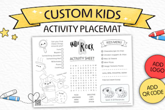 design a custom kids menu activity placemat for restaurants