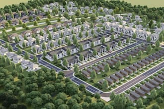 3d urban space planning, housing complex design, residential townhouse rendering