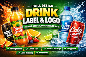 design drink label and logo for juice, soda, can, energy drink, or water