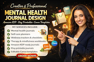 design mental health journal, self care planner, wellness tracker KDP etsy canva