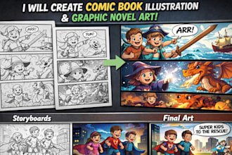 create comic book illustration, graphic novel art and superhero comic strips