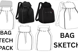 custom bag tech pack design handbag backpack tote with flat sketch