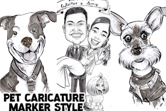 custom pet caricatures in grayscale marker style from your photo