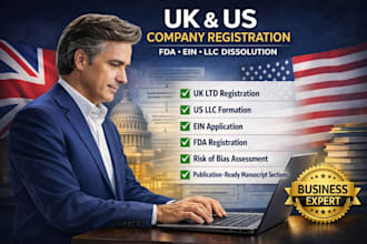 register UK ltd company registration, US llc, fda, and dissolve llc