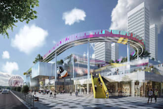 design 3d rooftop park modern retail complex shopping  malls, public plaza sites
