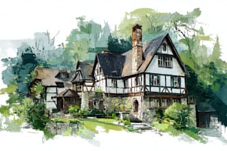 draw house illustration watercolor style