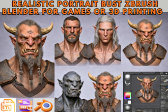 sculpt realistic portrait bust rigging fbx stl for game or printing collectibles
