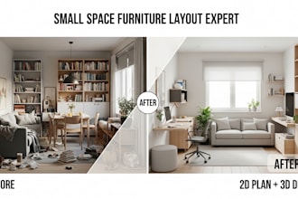 create small space furniture layout and 3d interior design