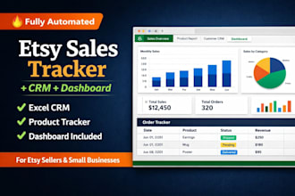 build etsy sales tracker, excel crm, product tracking spreadsheet with dashboard