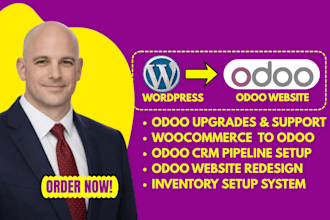 migrate wordpress woocommerce to odoo erp, setup crm and build odoo website