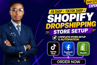 setup tiktok shop, facebook and instagram shop, or shopify dropshipping store