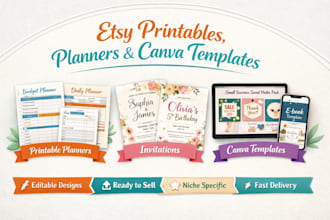 design etsy digital products printable invitations planner and canva templates