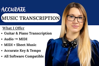 transcribe music, guitar or piano transcriptions into midi file for sheet music