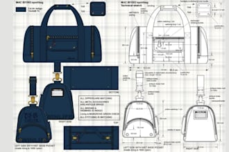 create handbags, wallets, purses, and backpack designs and make tech pack