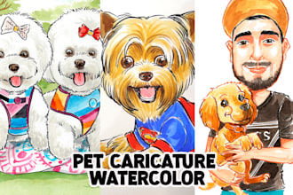 custom pet caricatures in watercolor