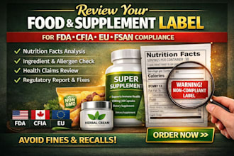 review your food product and supplement label for fda, cfia, eu, fsan compliance