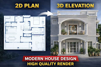 convert your 2d floor plan into modern house elevation design