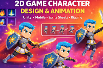 create 2d mobile game animation, character design, unity game assets and rigging