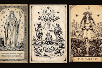 illustrate linocut tarot card, oracle card, dark fantasy tcg, card deck with box