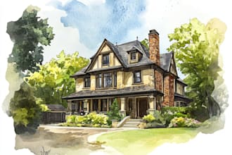 handmade watercolor painting of house