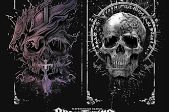 create detailed dark art illustrations for bands and merch