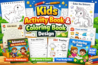 design kids activity book, coloring book, worksheets,KDP interior and book cover