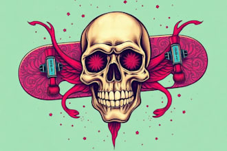 design artwork psychedelic, comic, skull for skateboards