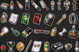 create pixel game assets pack, icons, weapon, ul, props, rpg character