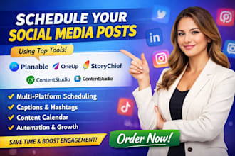 schedule post on social media via planable, oneup, storychief, contentstudio