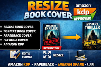 fix format, and resize book cover design, paperback cover for amazon kdp