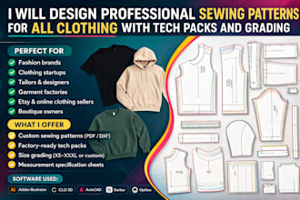 design professional sewing patterns for all clothing with tech packs and grading