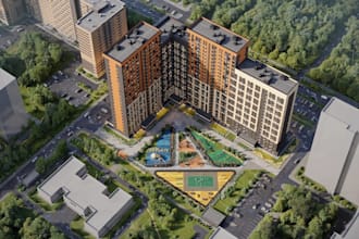 construct 3d residential complex,urban development,sports area,courtyards render