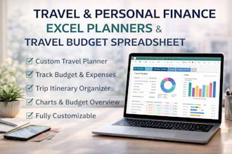 design travel planner, personal finance excel planner and travel budget sheet