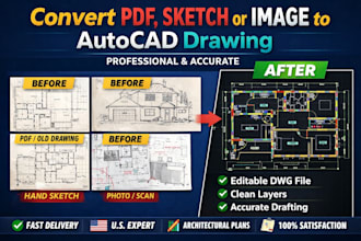 convert pdf plans, sketch or image to autocad drawing, dwg file
