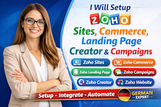 setup zoho sites, zoho commerce, zoho landing page, zoho campaigns, zoho creator