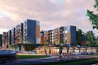3d mixed use development,d5 residential compound,aerial view render,green space