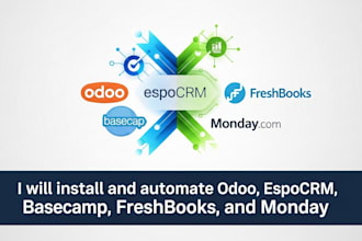 set up automation odoo, espocrm, basecamp, freshbooks and monday