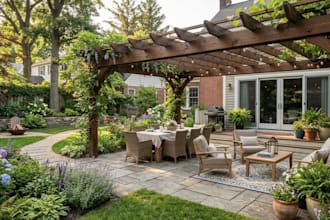 design landscape, backyard, pergola, patio with realistic rendering
