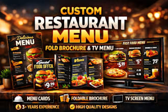design custom restaurant menu, flyers, brochure, and TV menu