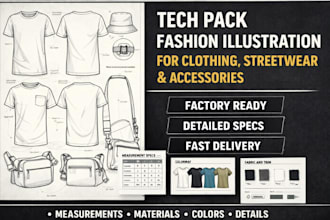 create tech pack  fashion illustration for clothing, streetwear accessories