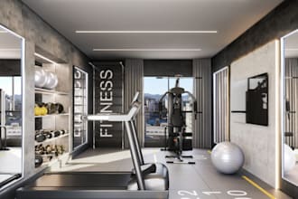 create realistic 3d gym design, fitness studio, pilates and yoga studio design