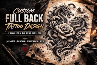 design a detailed custom full back tattoo, japanese, blackwork