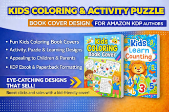 kids coloring and activity puzzle book cover design for amazon KDP authors