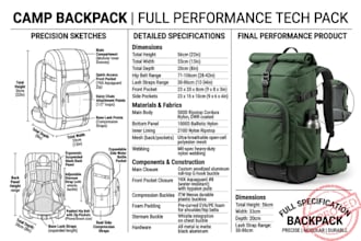 design camp backpack techpack ready for factory, fashion design bag tech pack